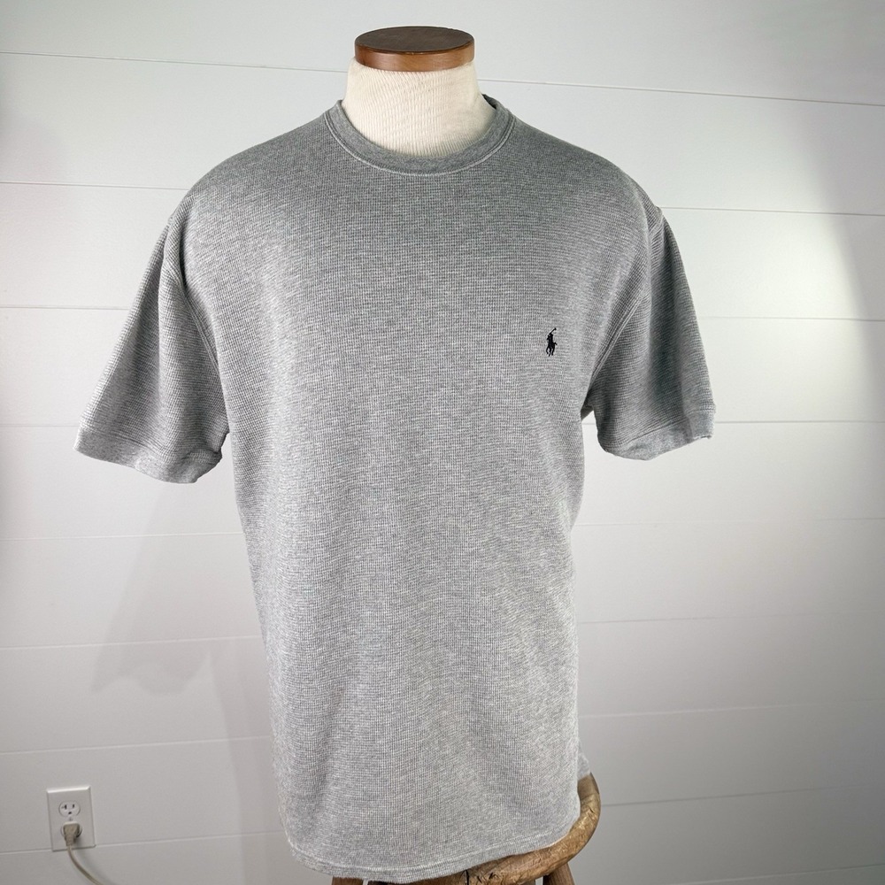 Polo Ralph Lauren Waffle Knit T Shirt Men XL Black Pony Logo Heather Gray Cotton - Picture 2 of 7